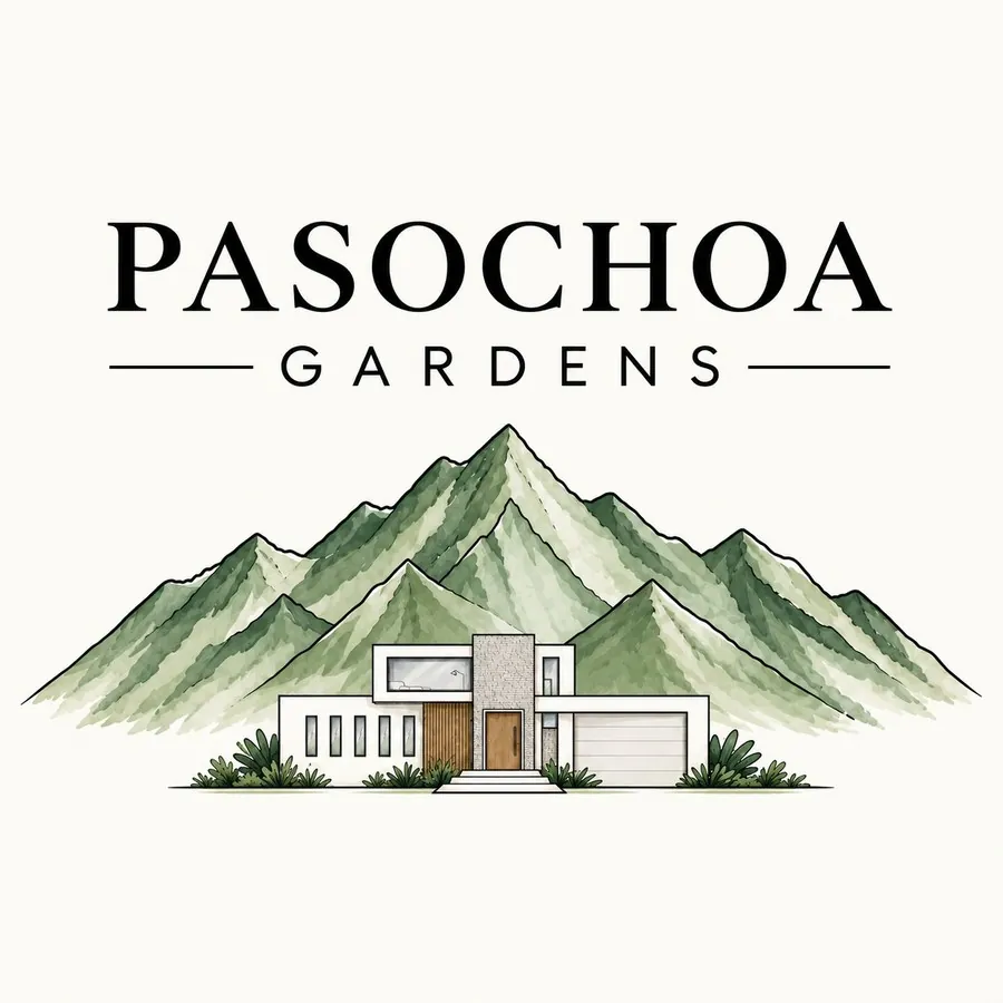 Logo de Pasochoa Gardens: el volcán Pasochoa y la casa