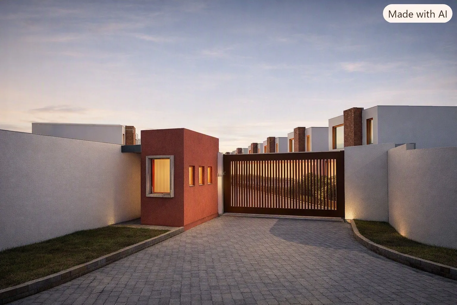 Render del ingreso con guardianía y puerta de acceso vehicular
