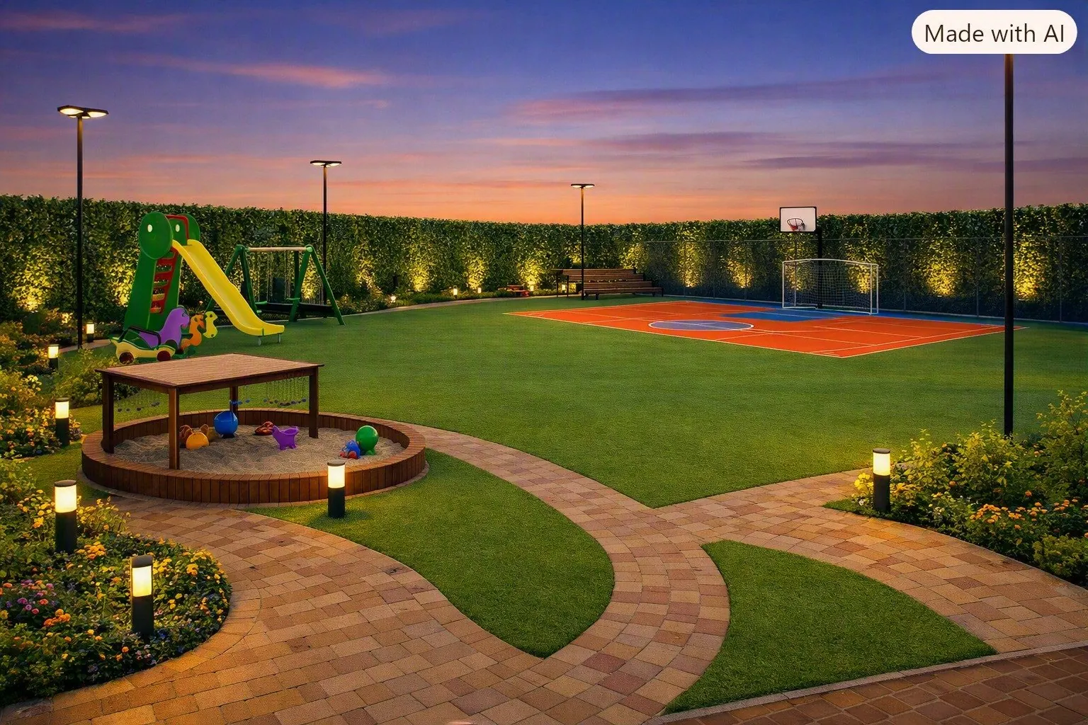 Render del área recreativa con juegos infantiles y cancha